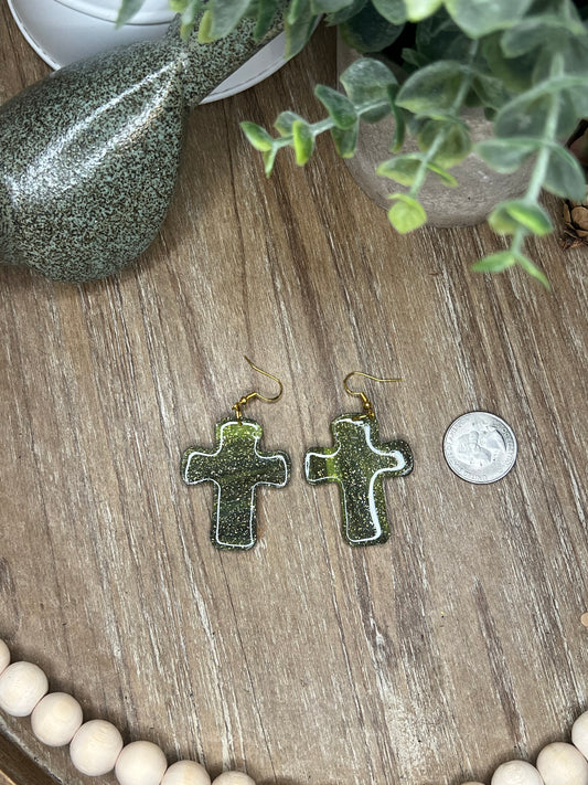 Larger Lime Green, Black, and Silver Cross Earrings