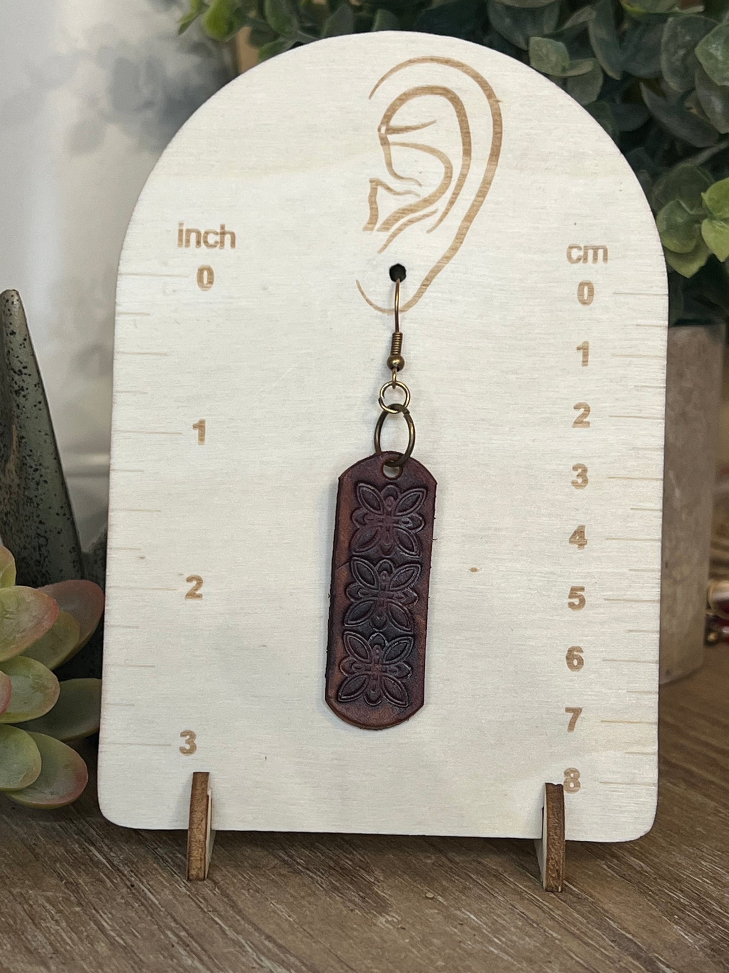 Genuine Leather Hand Tooled Butterfly Bar Dangle Earring