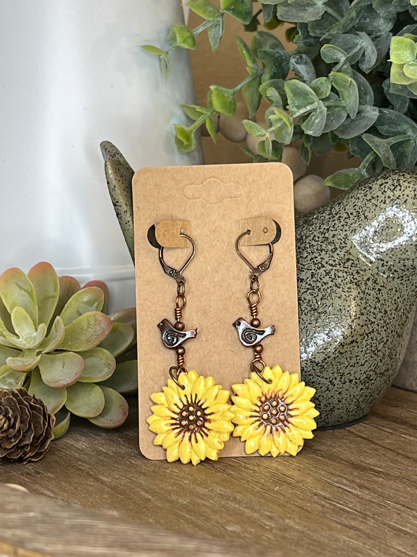 Bronze Accented Little Birdie Sunflower Dangle Earrings