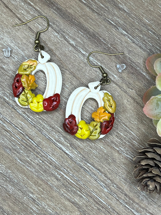 Fall Leaf White Pumpkin Dangle Earrings