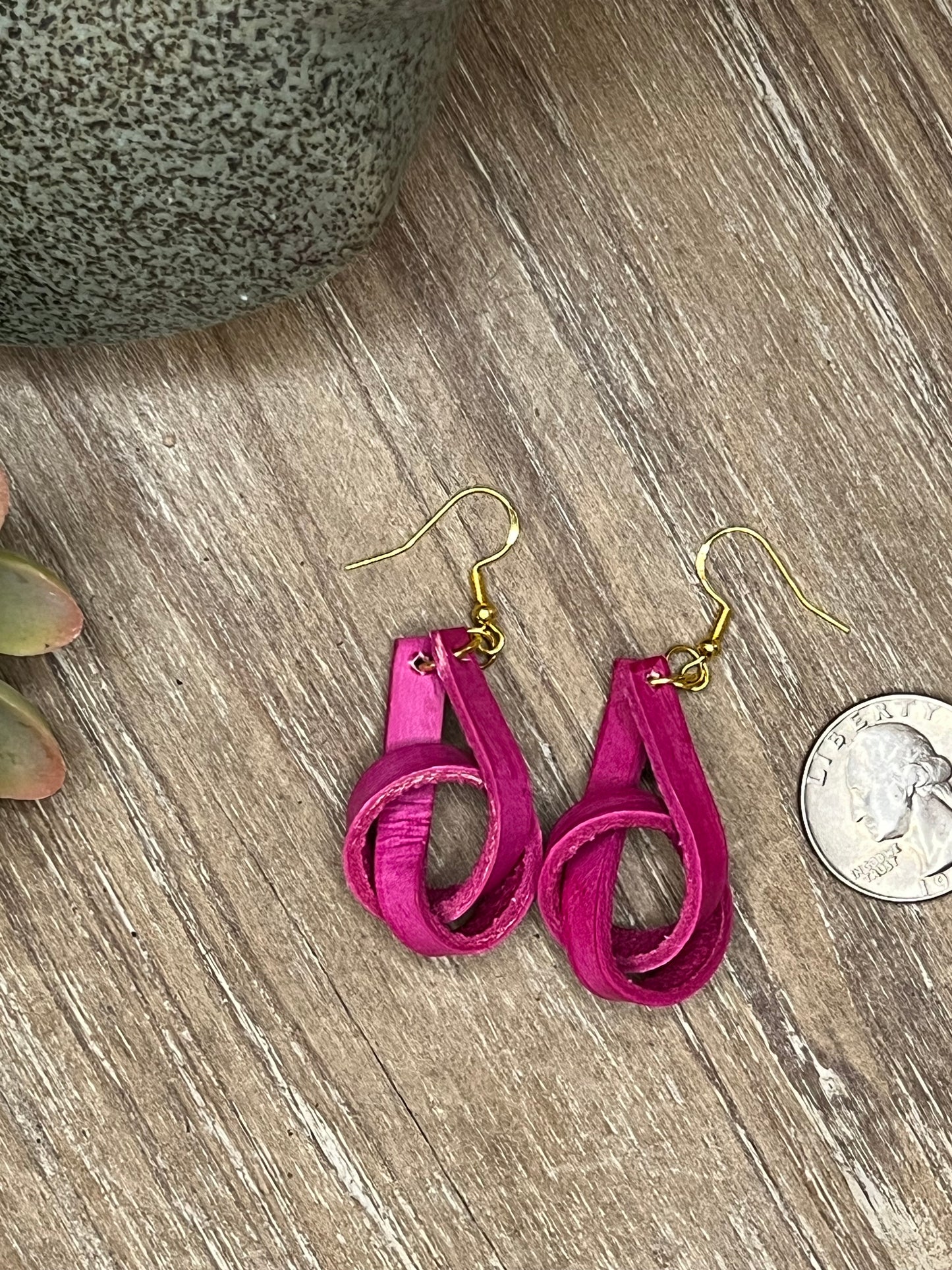 Genuine Leather Fuchsia Medium Knot Dangle Earring