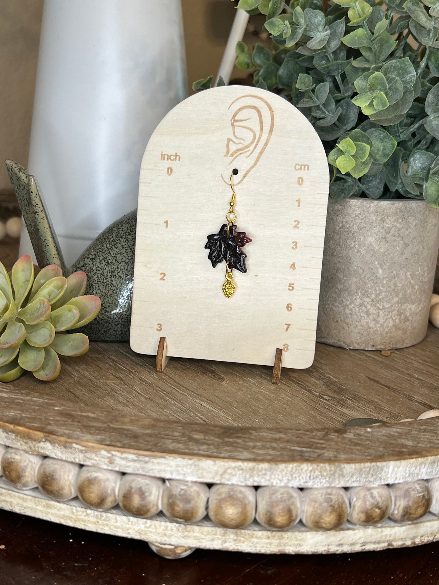 Dark Maroon (almost black) Leaf Earrings with Gold Pinecone