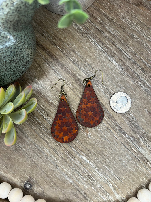 Genuine Leather Hand Tooled Star Tear Drop Shaped Dangle Earring