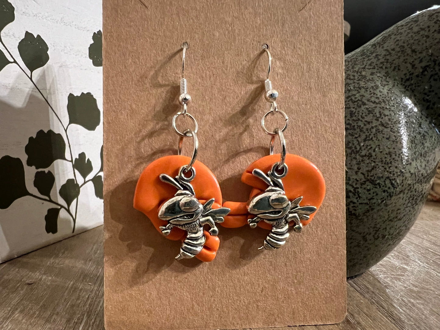 Orange Helmet with Yellowjacket Charm Hook Earrings