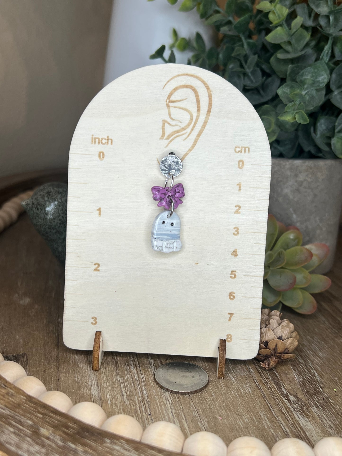 Purple Bow and Gray Marbled Ghost Earrings