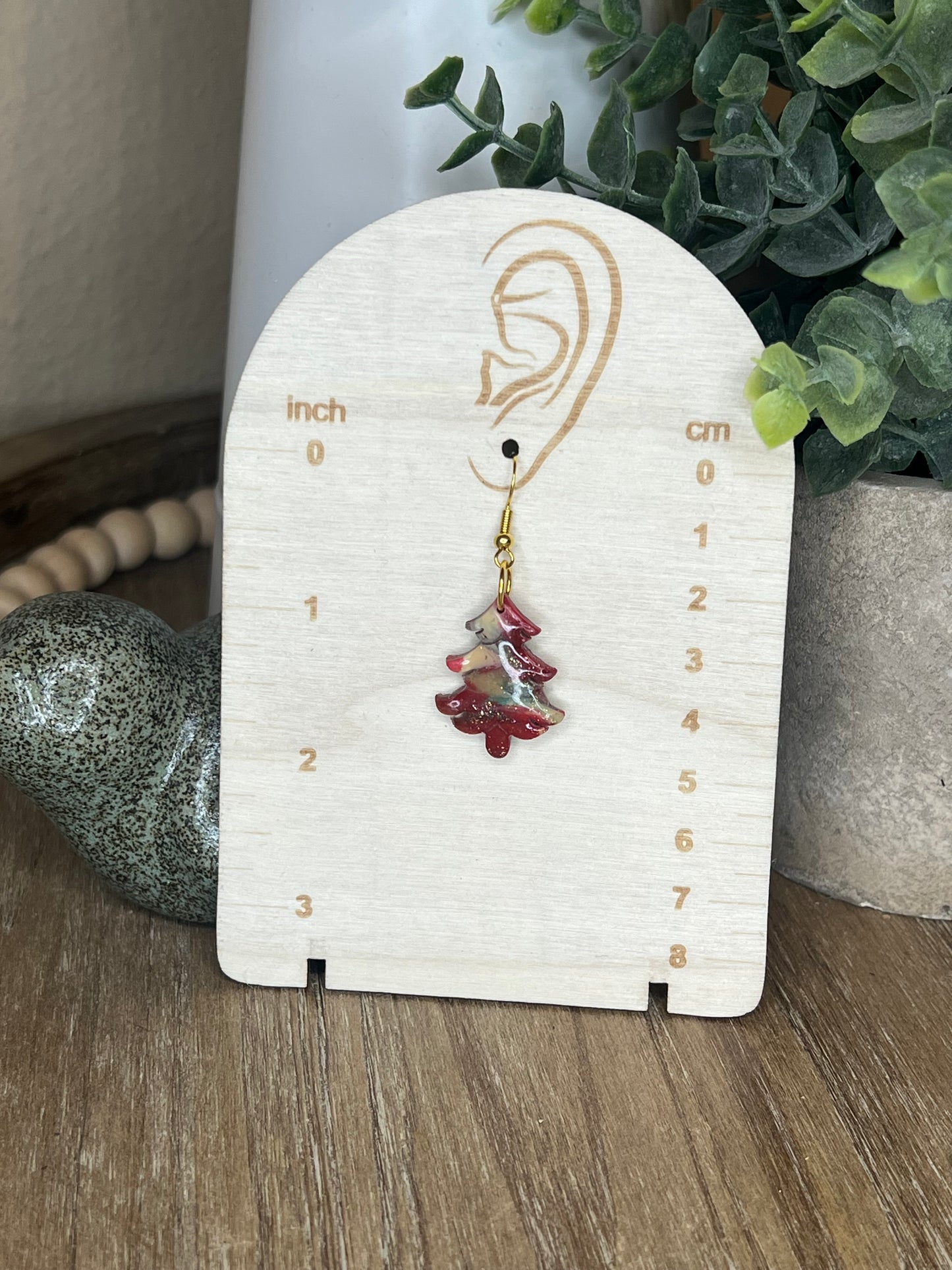 Vintage Christmas Marbled Christmas Tree Dangle Earrings