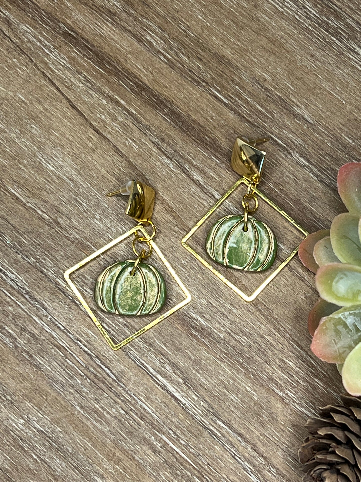 Gold Accented Olive Pumpkin Rhombus Earrings