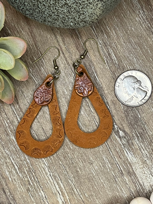 Genuine Leather Hand Tooled Tear Drop Shaped Dangle Earring