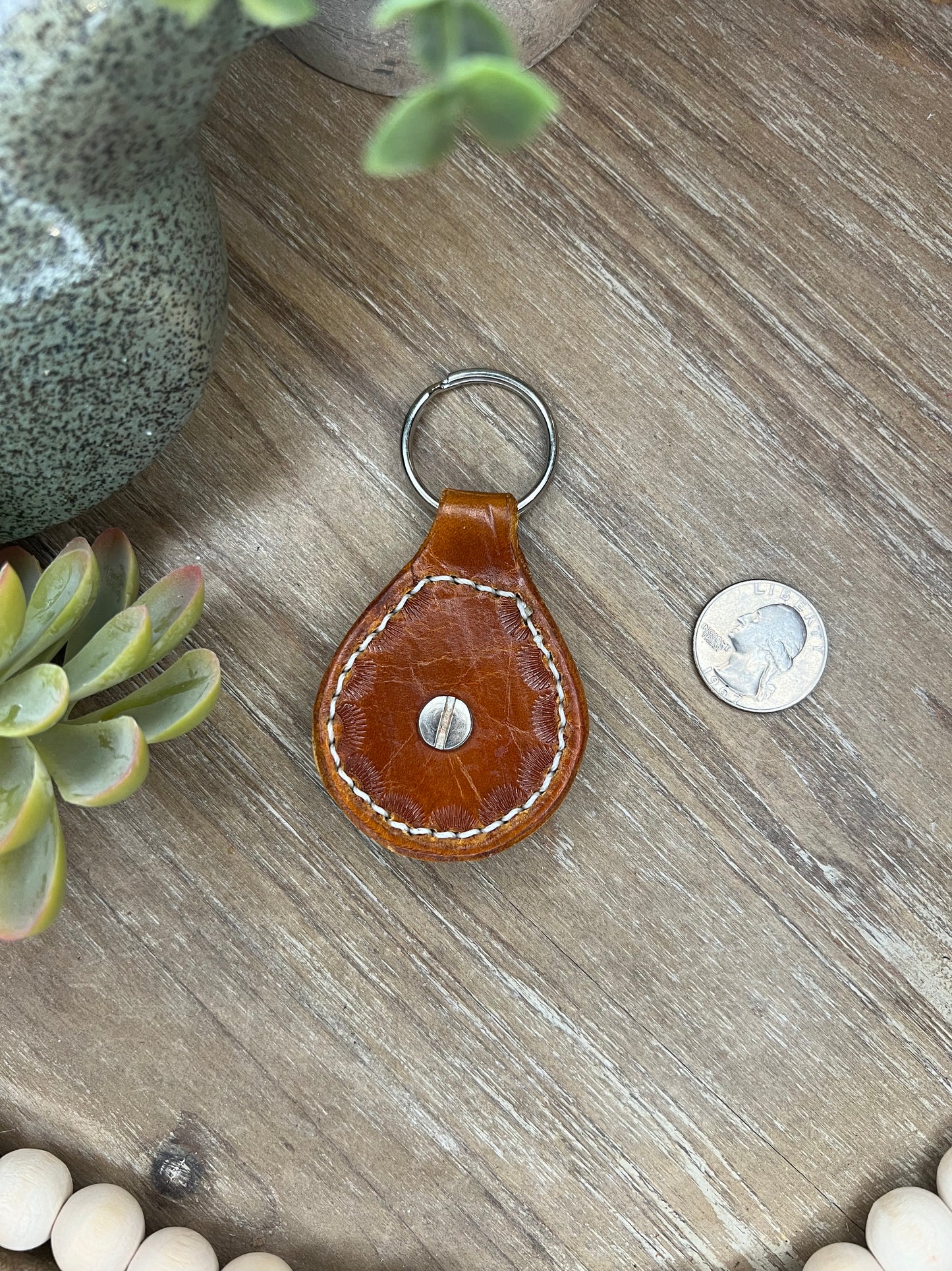 Genuine Leather Hand Stitched Keychain with 1.25 inch Concho (Double Layer of Leather)