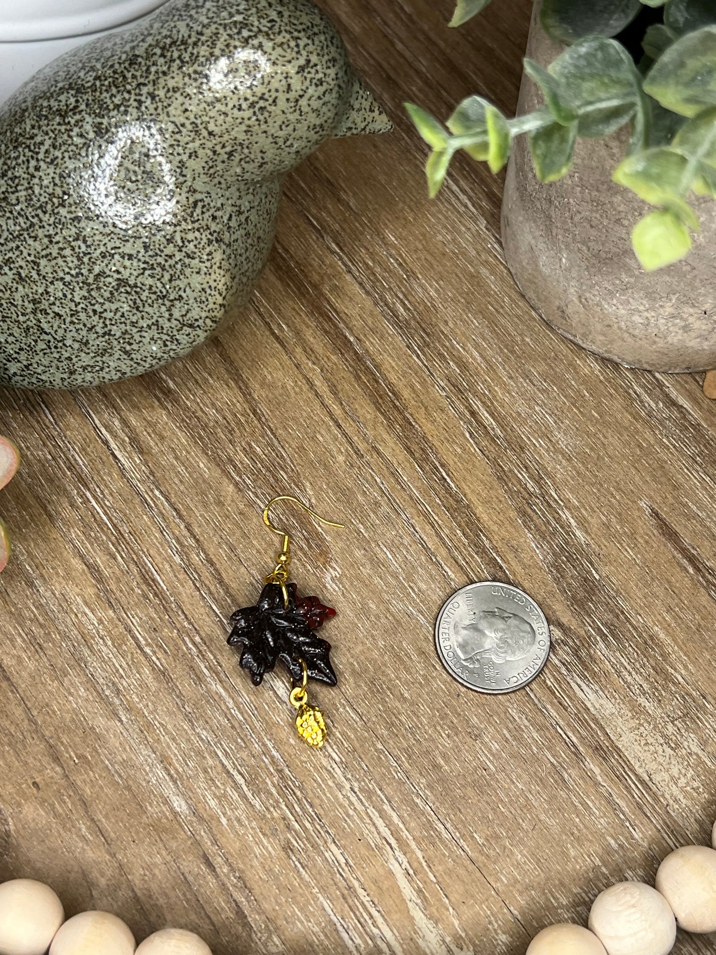 Dark Maroon (almost black) Leaf Earrings with Gold Pinecone