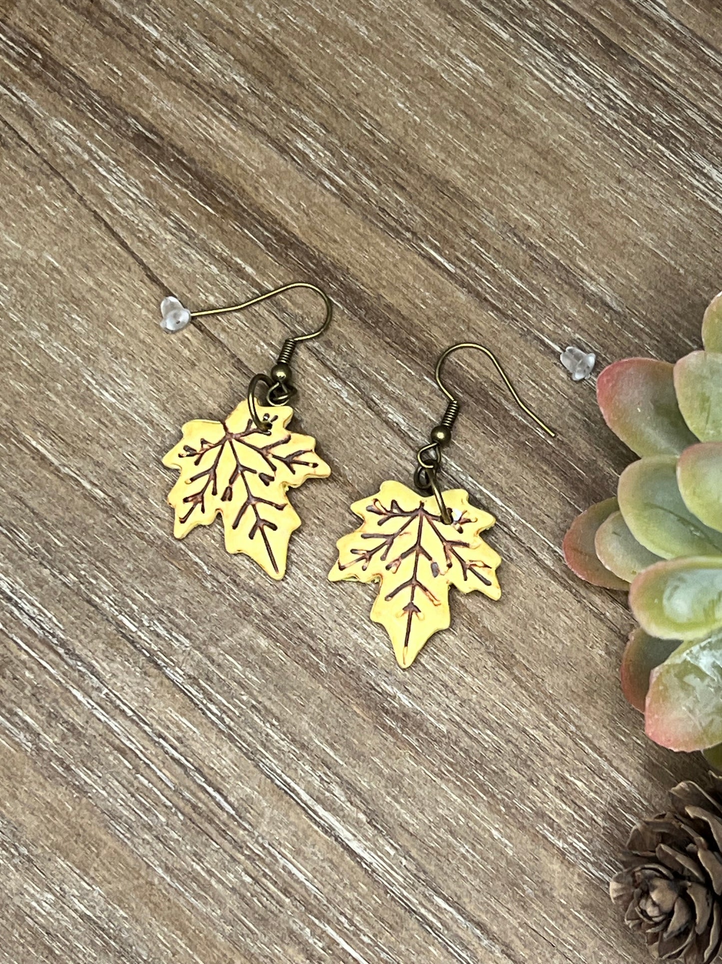 Bronze Medium Yellow Fall Leaf Dangle Earrings