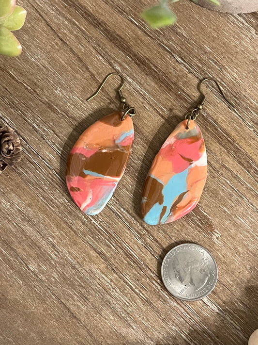 Marbled Pink, Blue, and Bronze Dangle Earrings