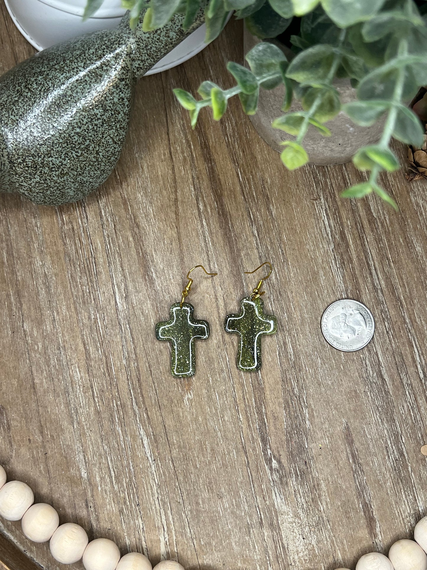 Smaller Lime Green, Black, and Silver Cross Earrings