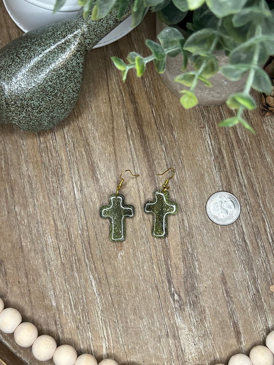 Smaller Lime Green, Black, and Silver Cross Earrings