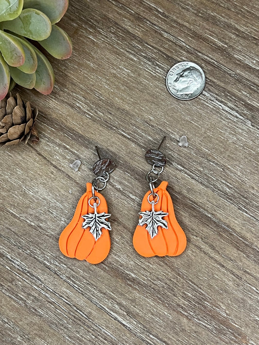 Orange Pumpkon and Silver Leaf Dangle Earrings