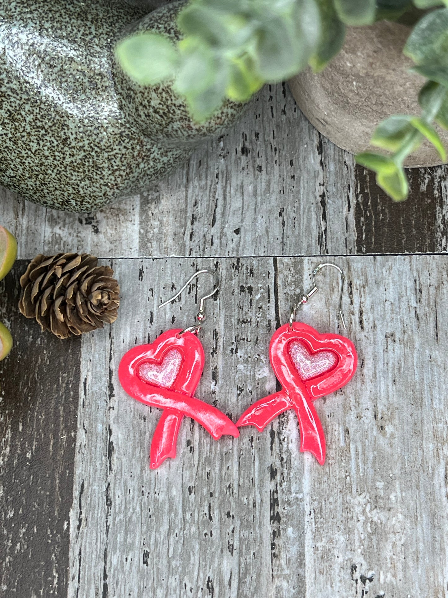 Pink Silver Heart Ribbon Earrings