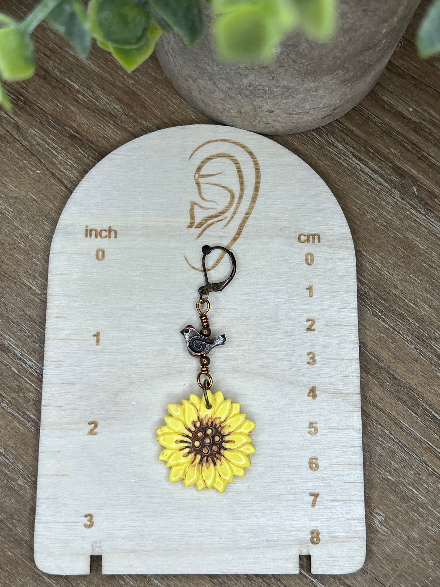 Bronze Accented Little Birdie Sunflower Dangle Earrings