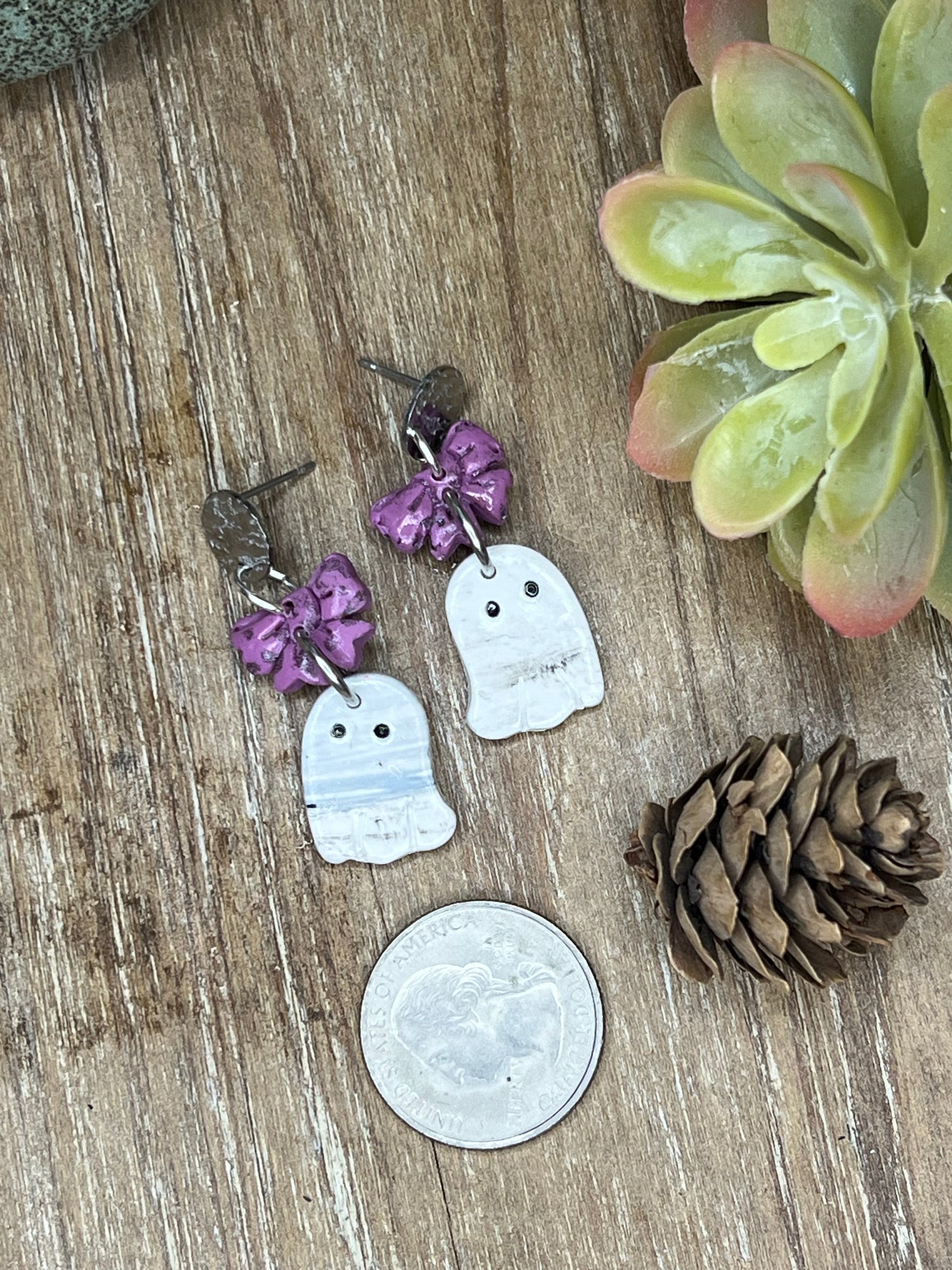 Purple Bow and Gray Marbled Ghost Earrings