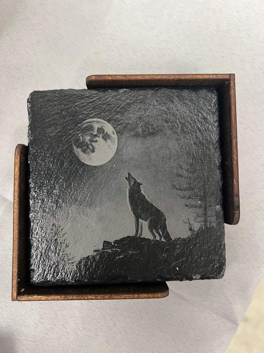 Wolf Coaster Set of 4 with Wood Coaster Holder