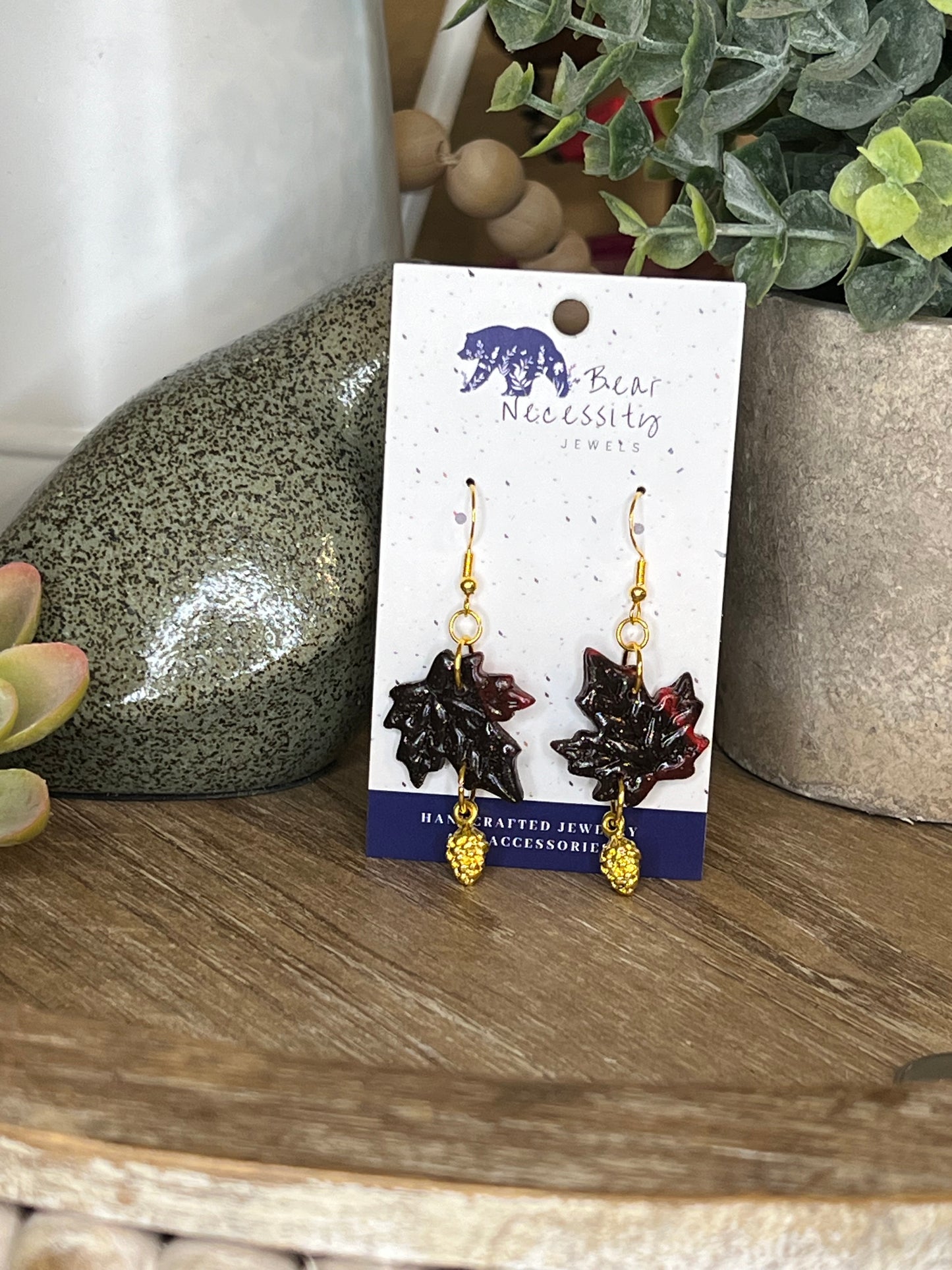 Dark Maroon (almost black) Leaf Earrings with Gold Pinecone