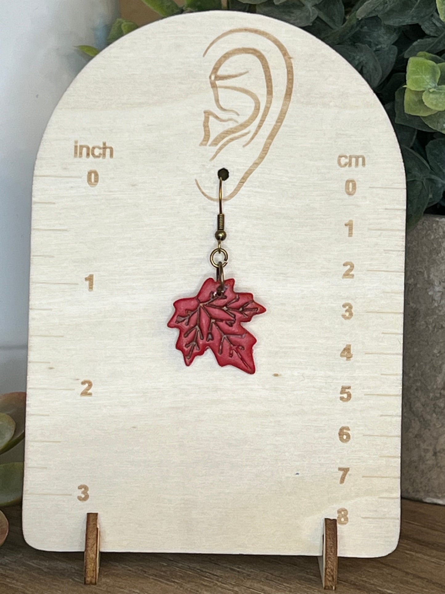 Bronze Medium Dark Red Fall Leaf Dangle Earrings