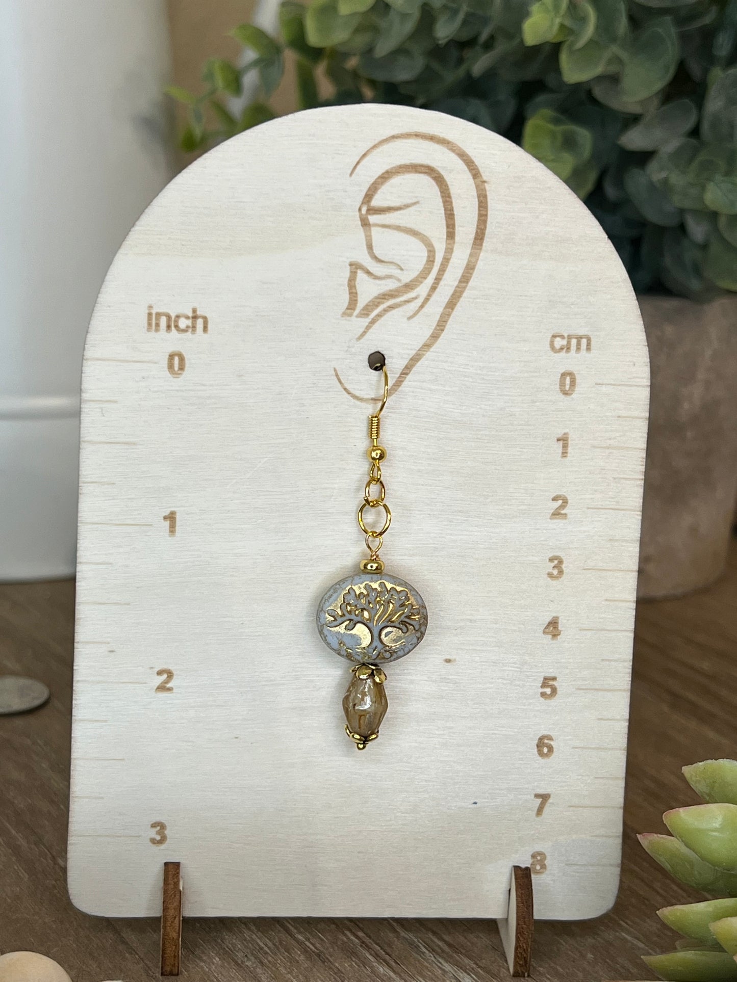 Ivory and Gold Family Tree Czech Glass Bead Earring