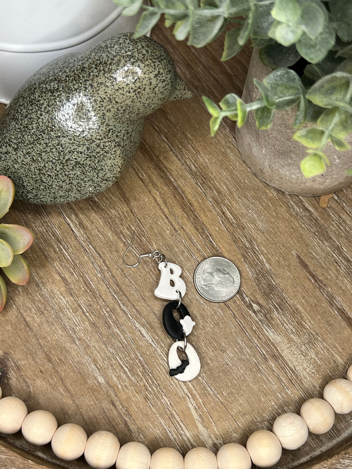 Black and White BOO Dangle Earrings wuth Ghosts and Bat Accents