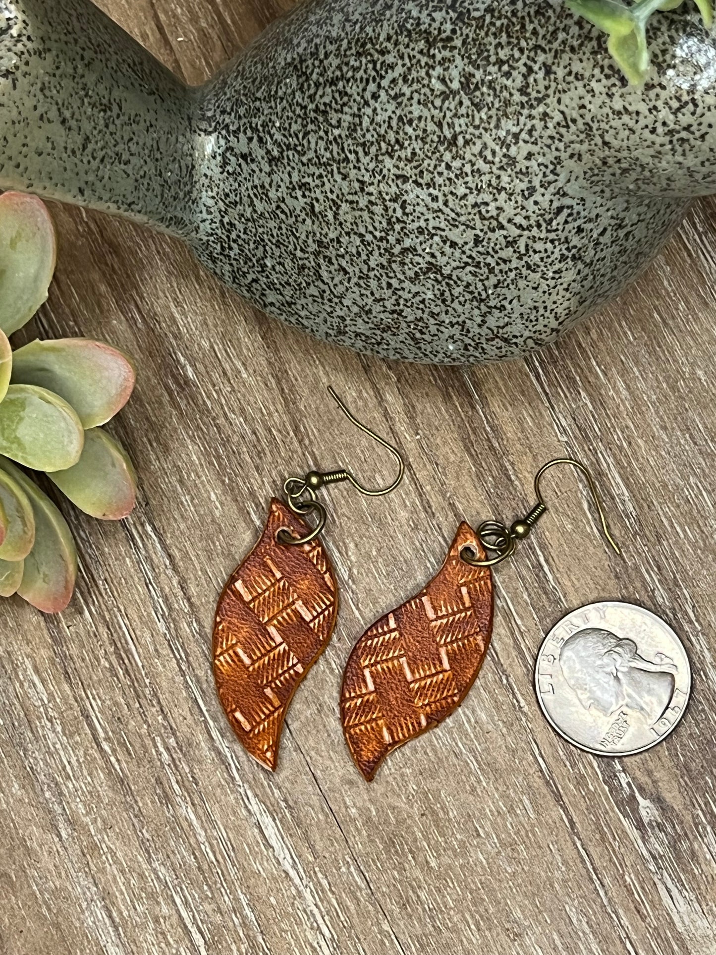 Genuine Leather Hand Tooled Small Leaf Shaped Dangle Earring