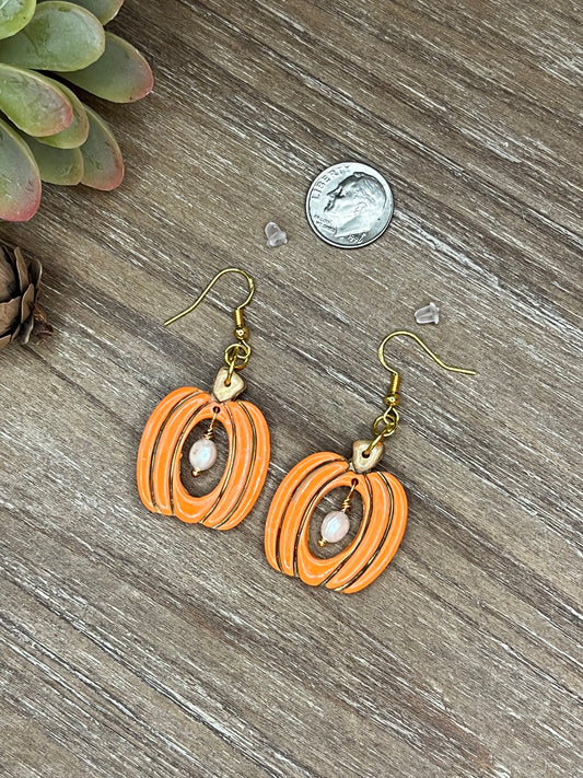 Gold Accented Orange Pumpkin with Pearl Dangle Earrings