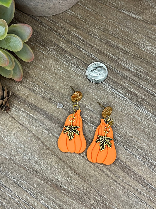 Orange Pumpkon and Gold Leaf Dangle Earrings