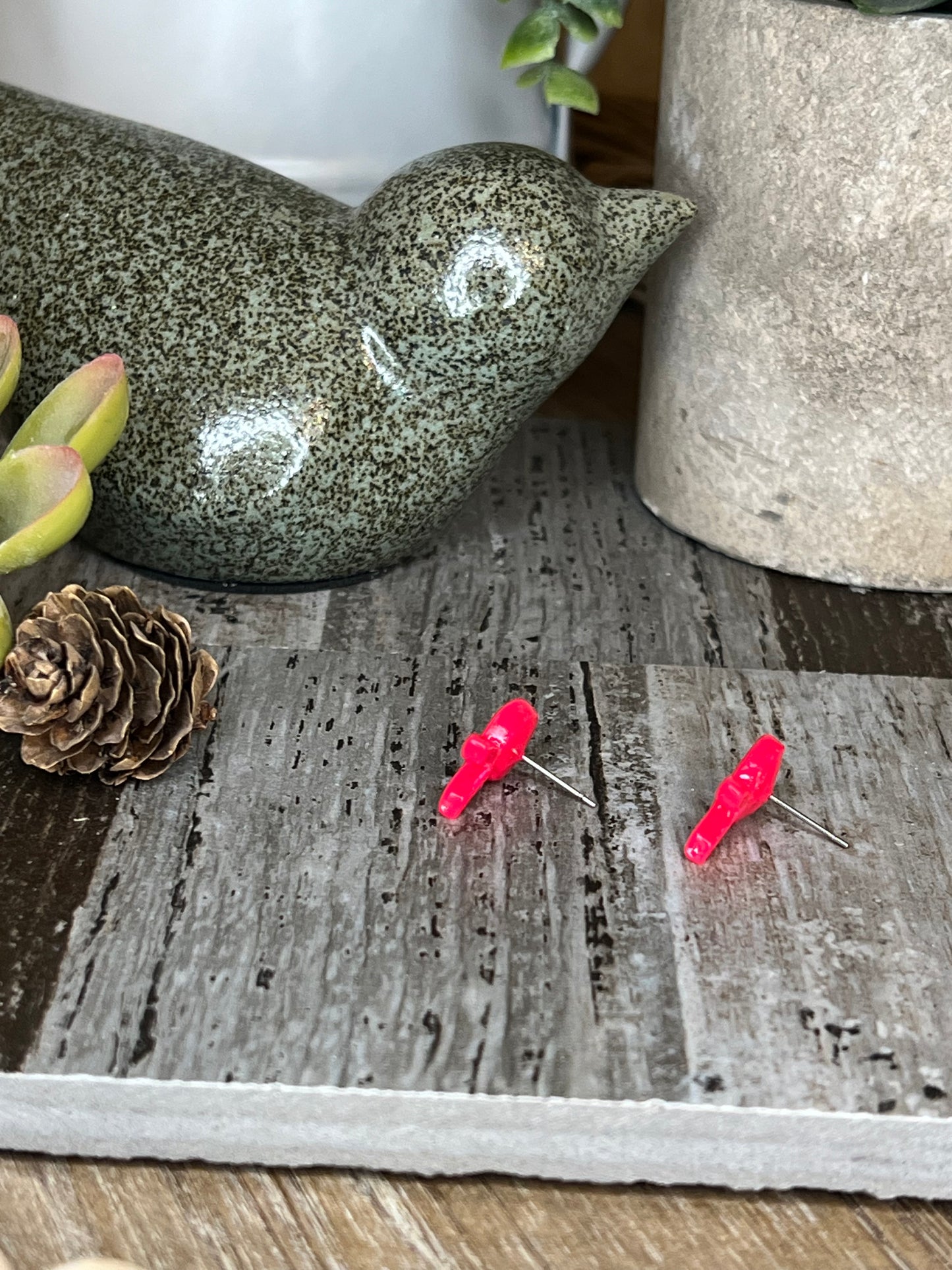 Hot Pink and Silver Heart Ribbon Stud Earrings