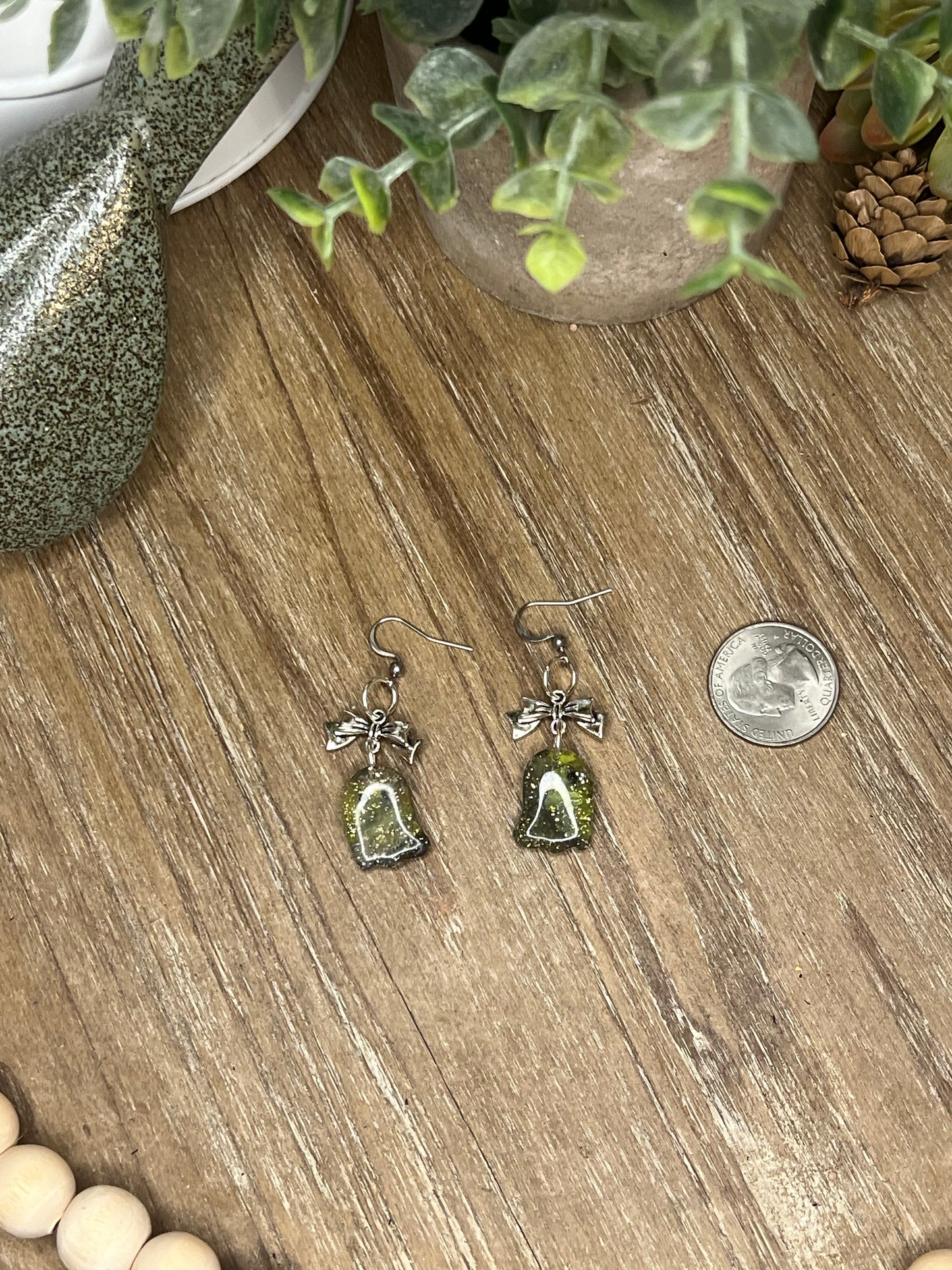 Green and Black Ghost with Silver  Bow Dangle Earrings