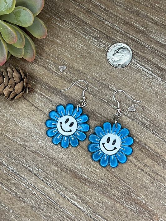 Blue Smiley Face Flower Hook Earrings