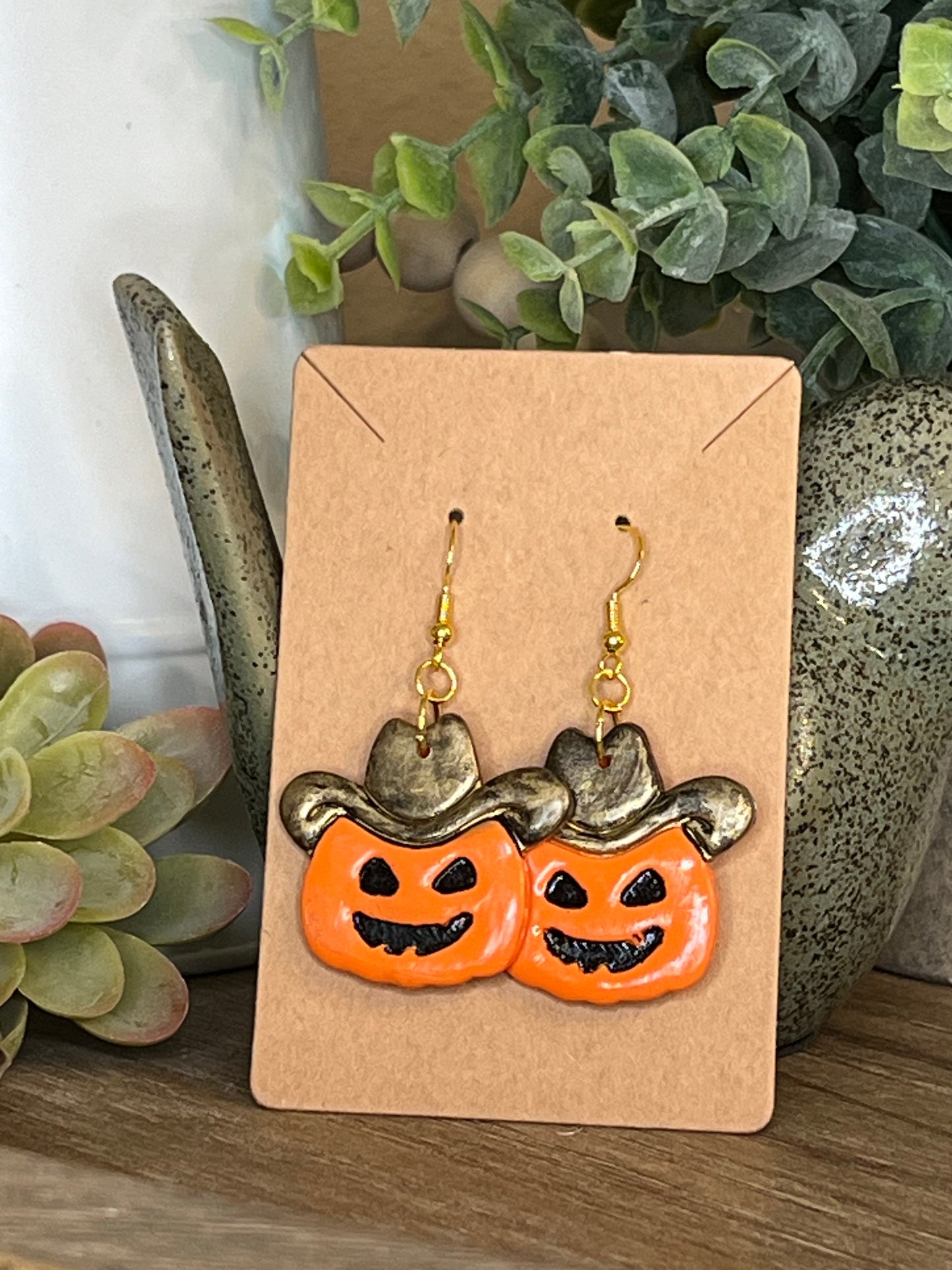 Gold Cowboy Jack-O-Lantern Hook Earrings