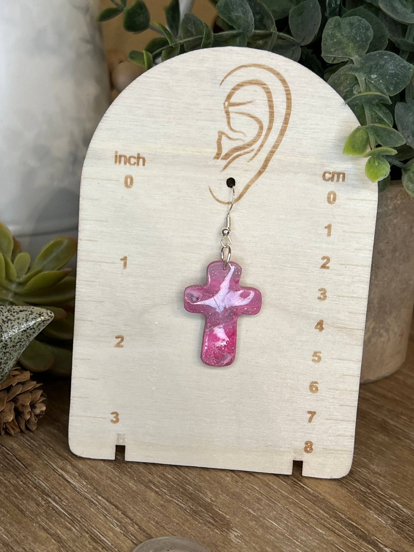 Pink and Silver Marbled Cross Earrings