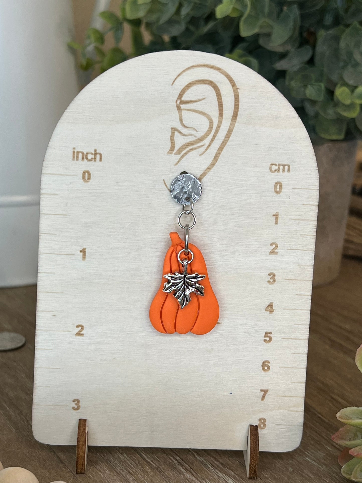 Orange Pumpkon and Silver Leaf Dangle Earrings