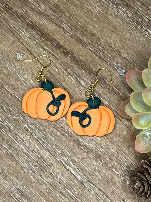 Green vine/Leaf Accented Pumpkin Hook Earrings