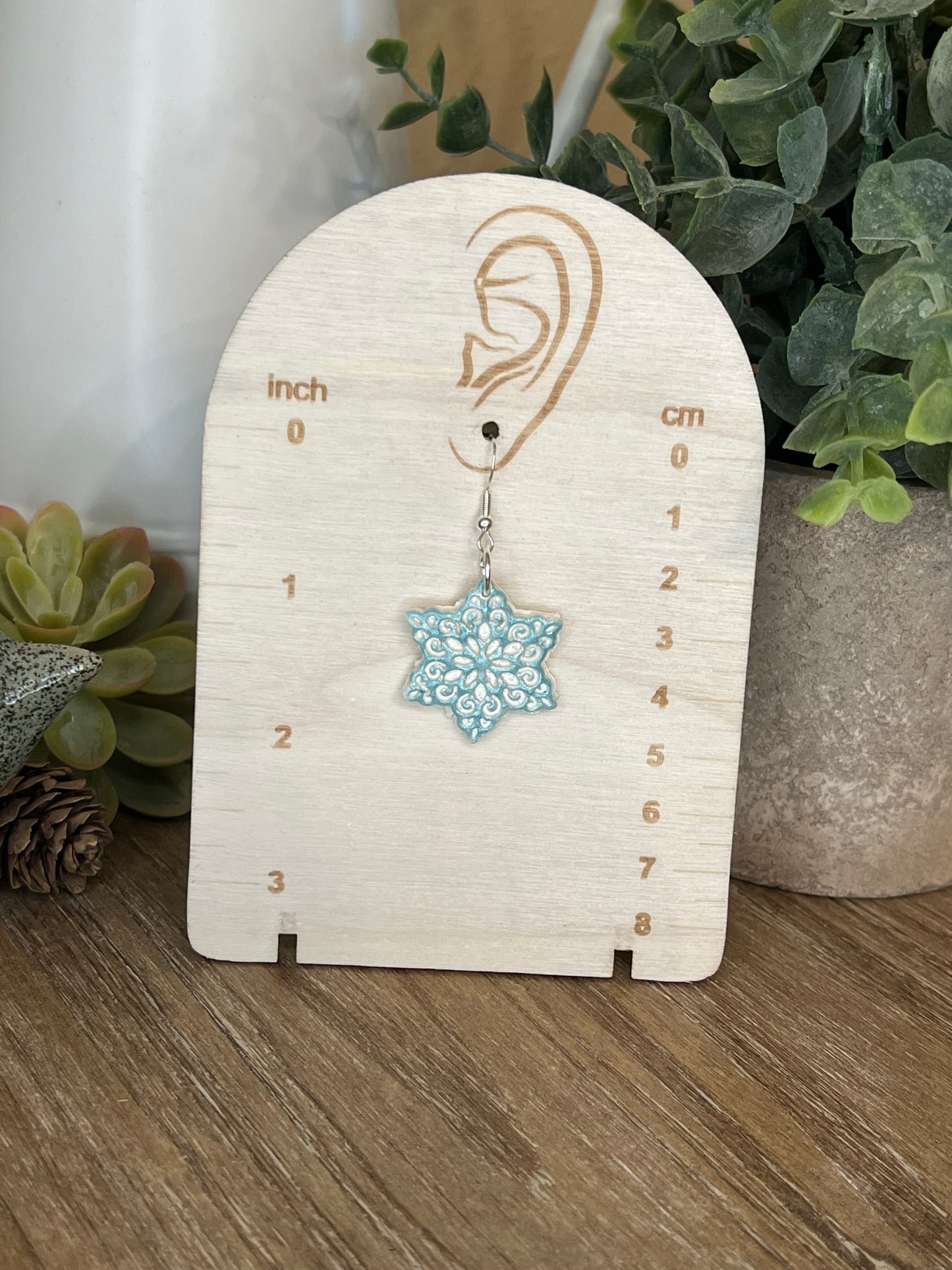 White and Blue-Turquoise Snowflake Dangle Earrings