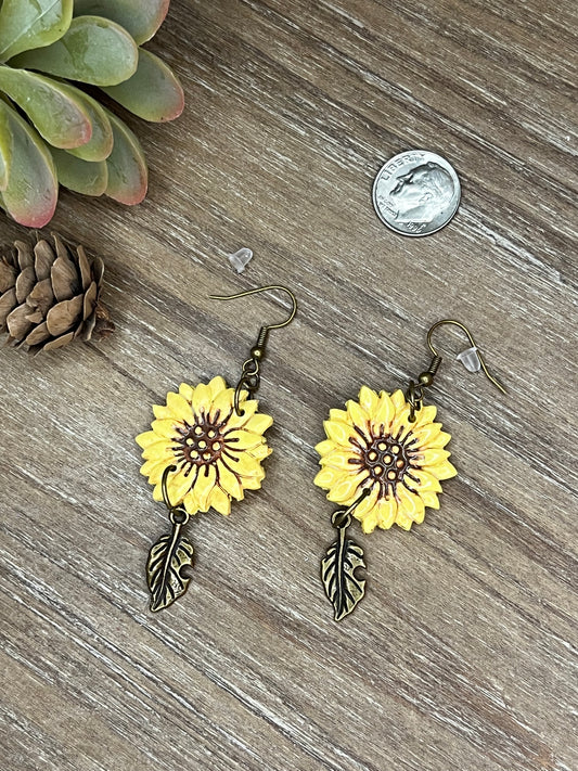 Bronze Accented Sunflower Dangle Earrings