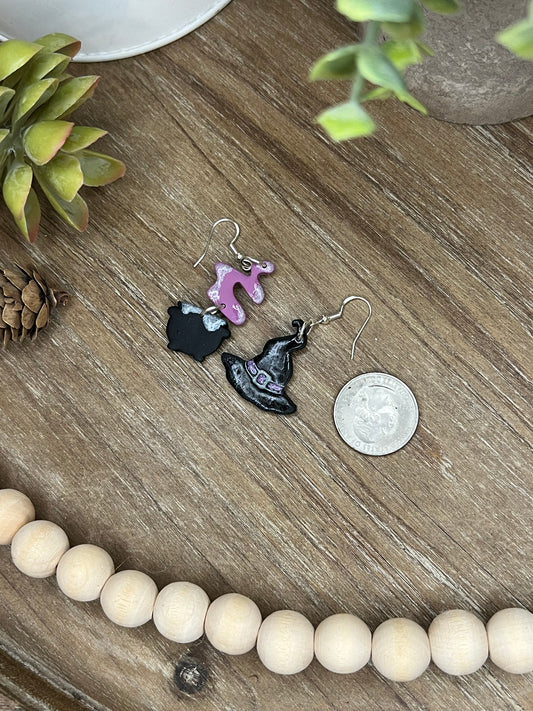 Purple Witches Hat and Witches Brew Dangle Earrings