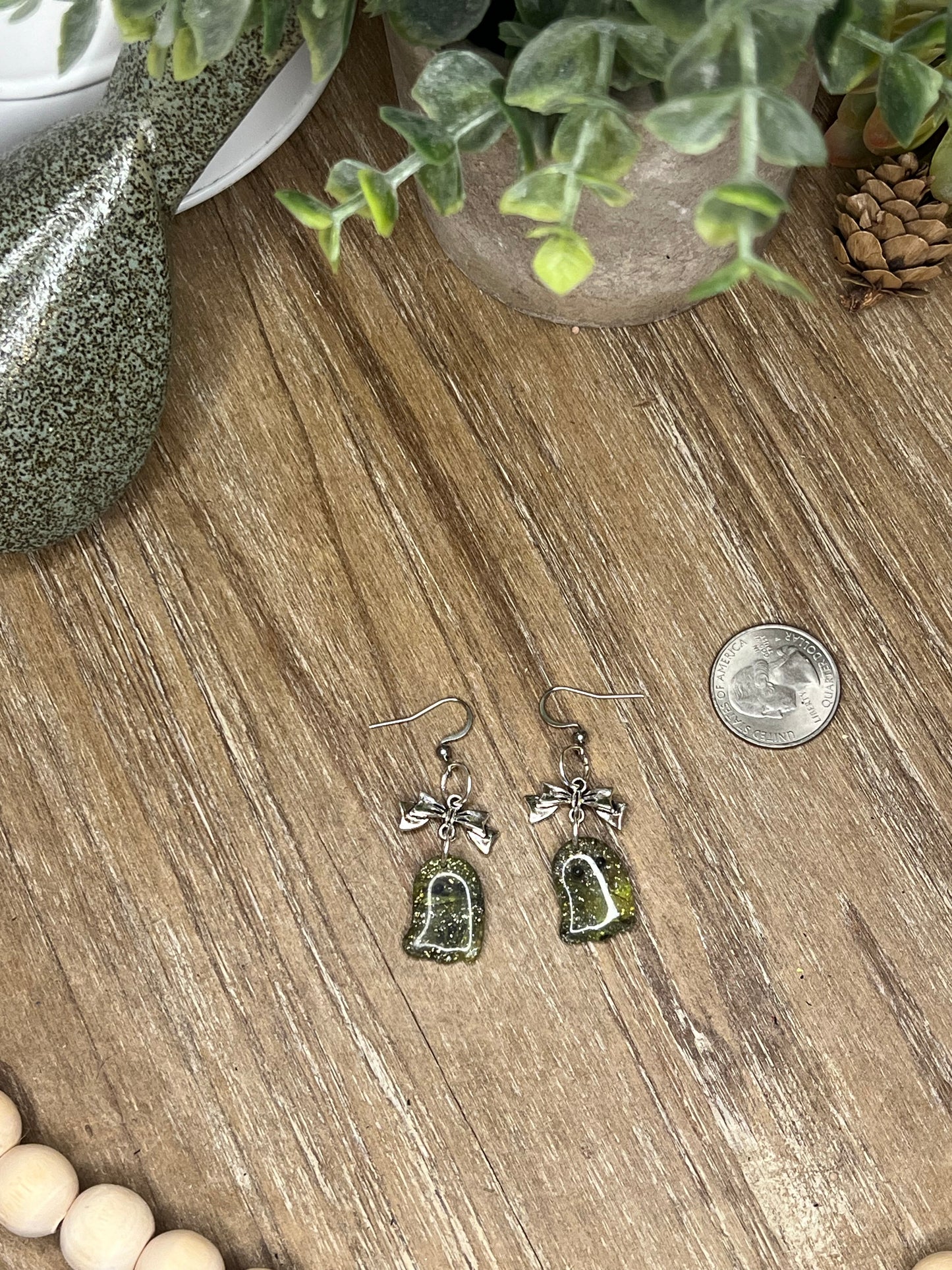 Green and Black Ghost with Silver  Bow Dangle Earrings