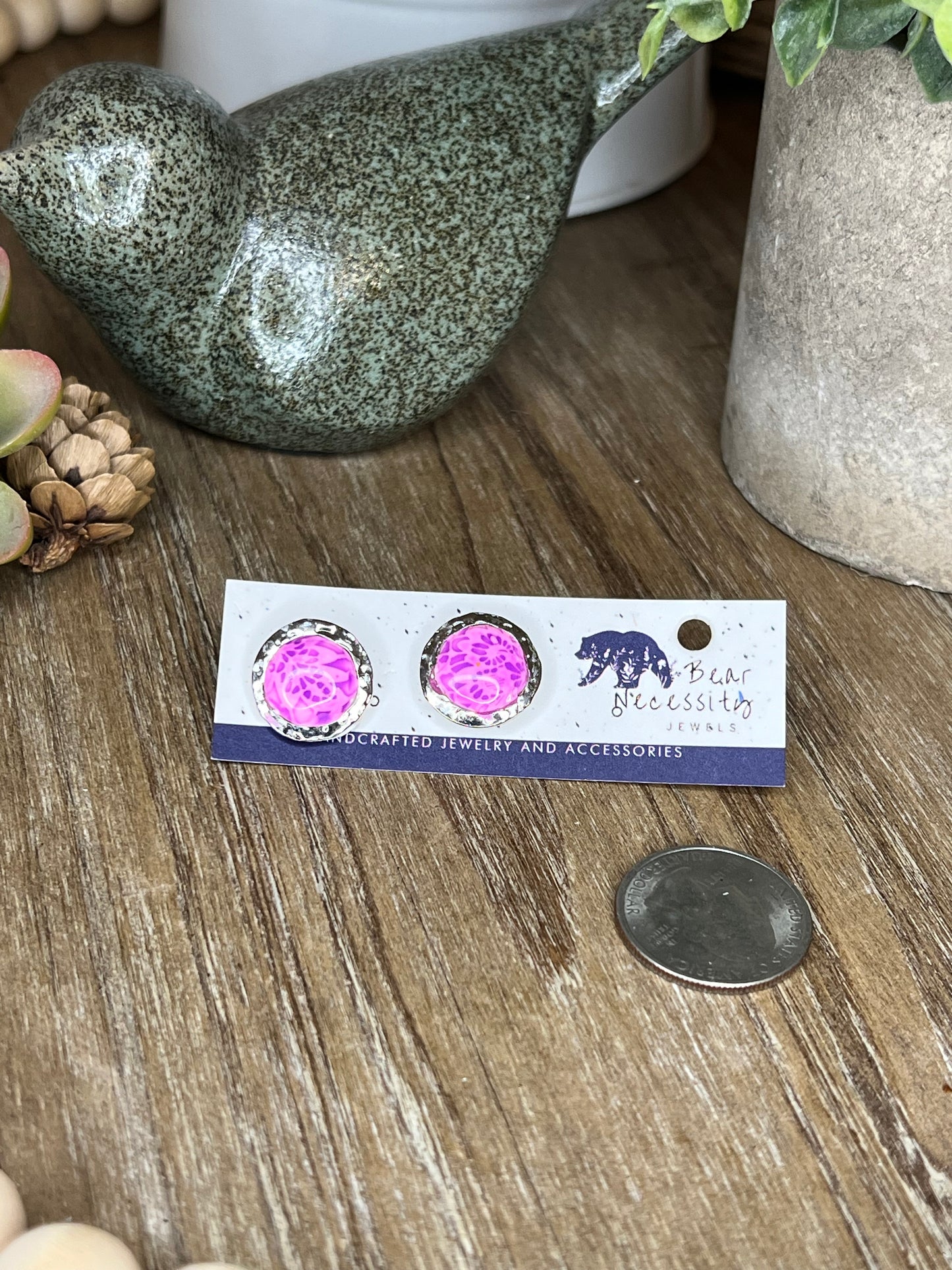 Purple Lace Stud Earrings in Embedded Silver Bezel