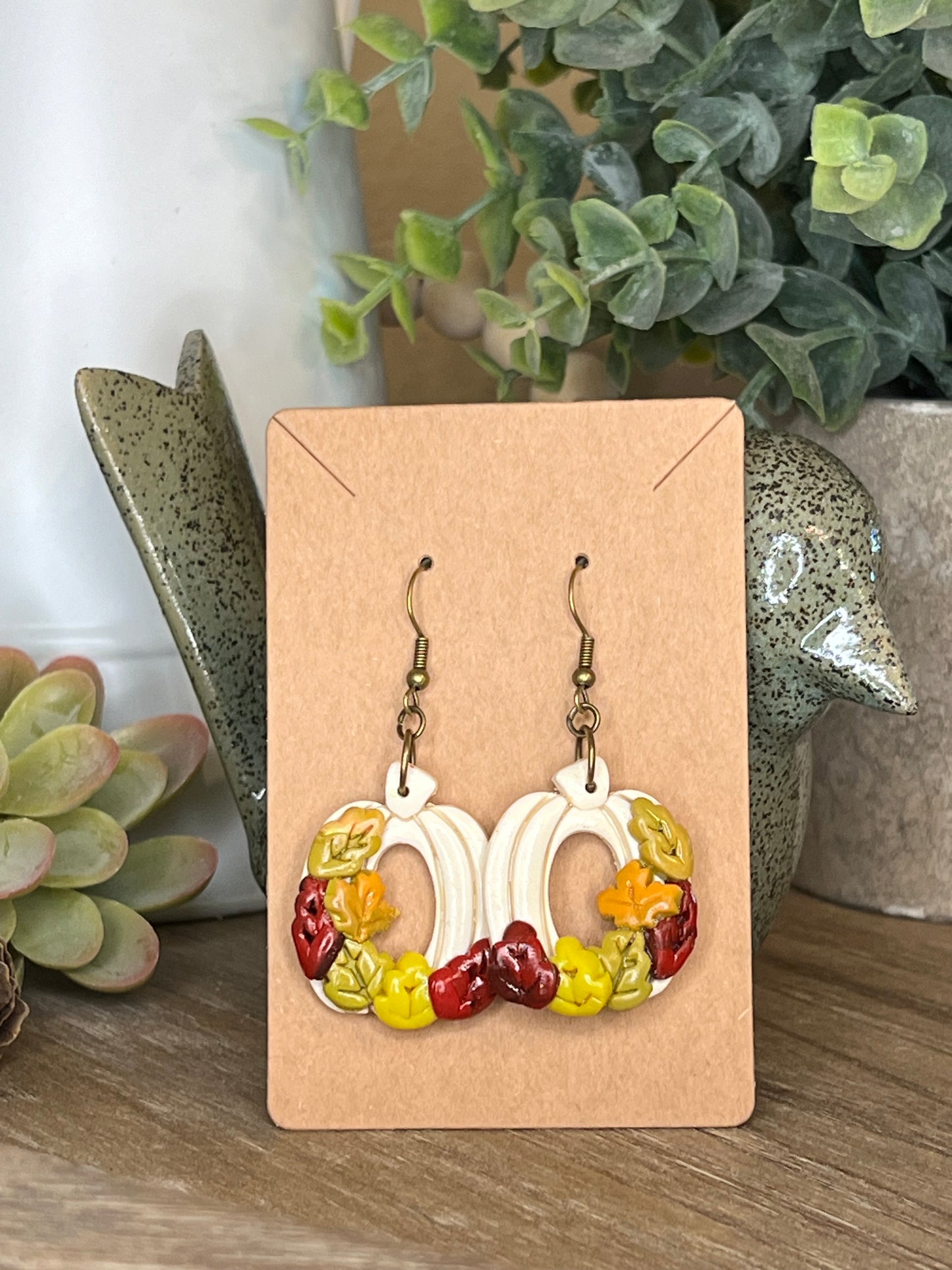 Fall Leaf White Pumpkin Dangle Earrings