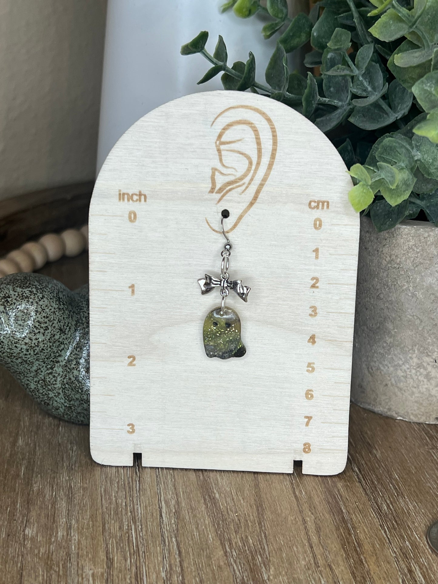 Green and Black Ghost with Silver  Bow Dangle Earrings