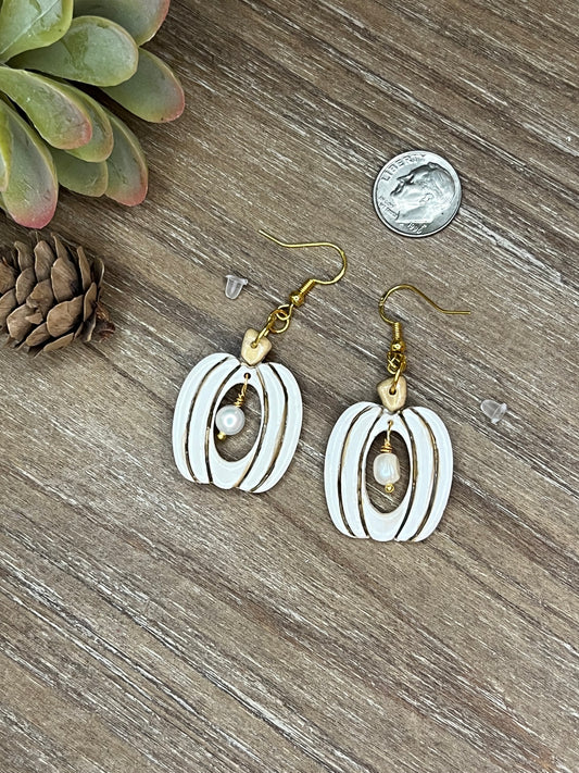 Gold Accented White Pumpkin with Pearl Dangle Earrings