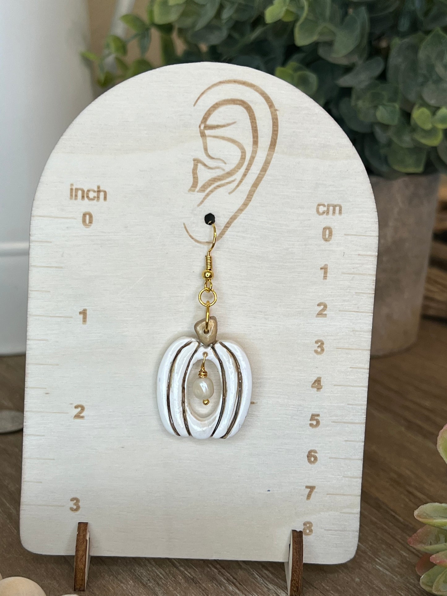 Gold Accented White Pumpkin with Pearl Dangle Earrings