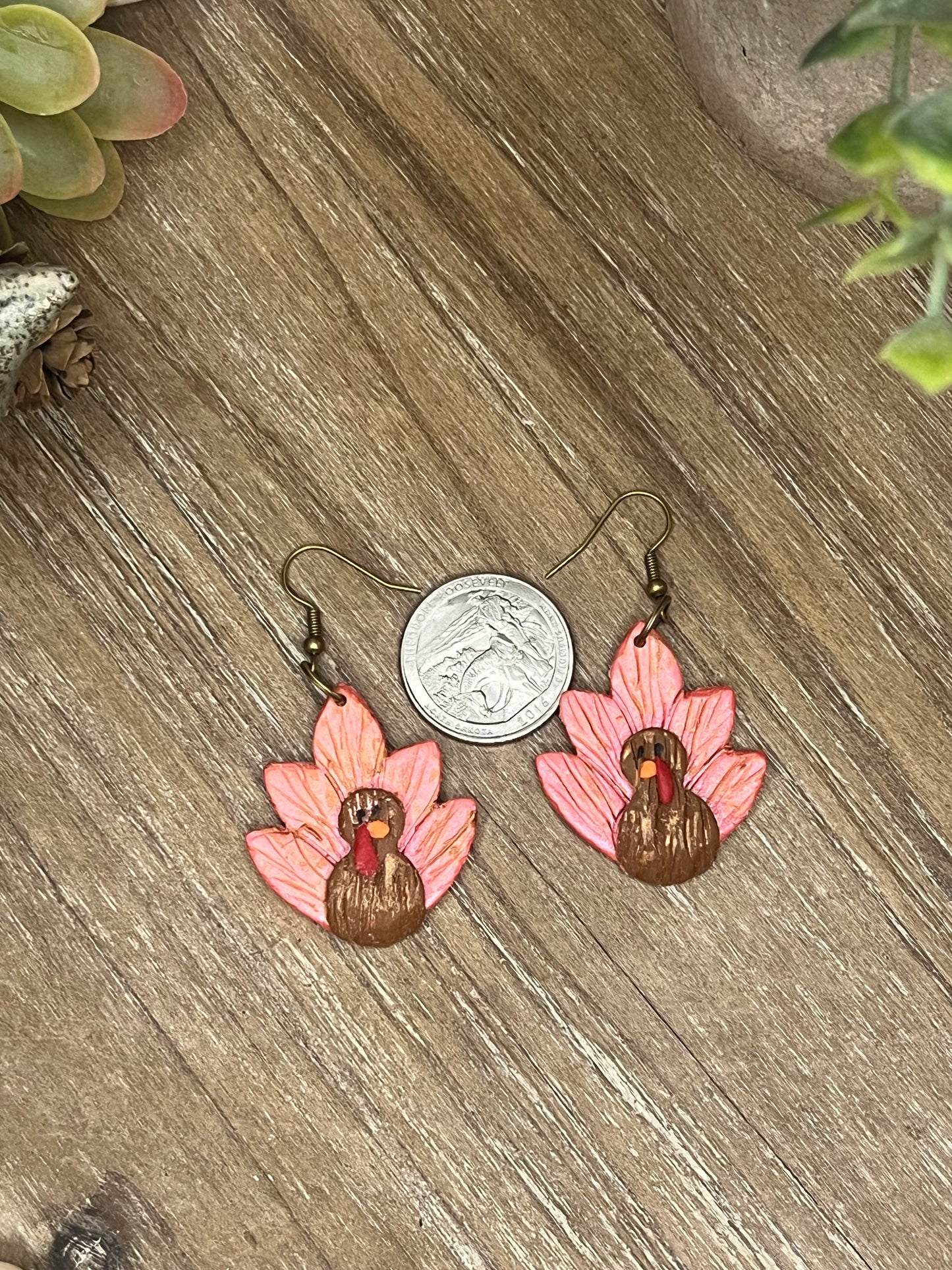 Bronze Embellished Feather Turkey Earrings