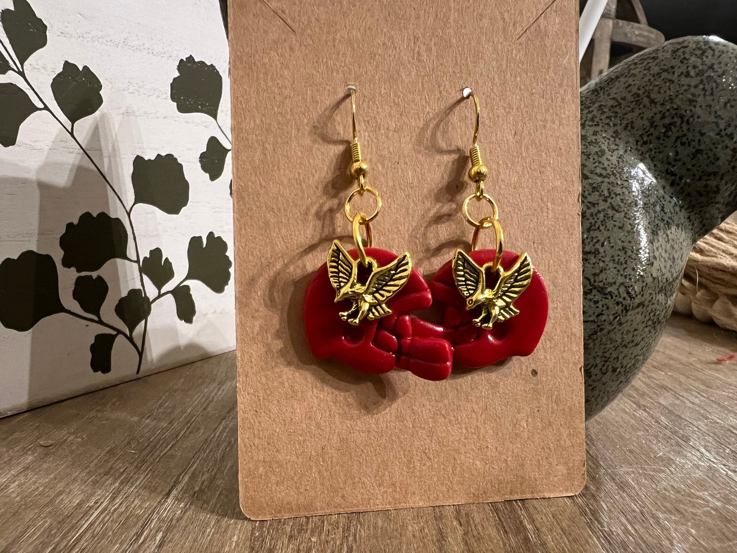 Red Helmet with Hawk Charm Hook Earrings