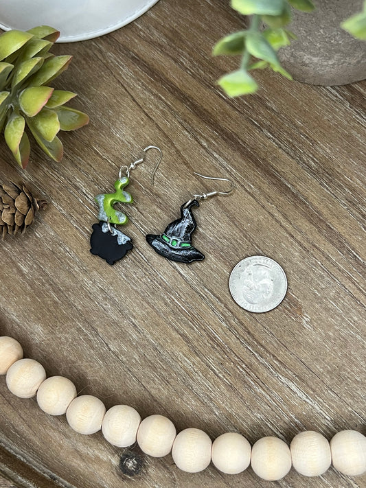 Green Witches Hat and Witches Brew Dangle Earrings