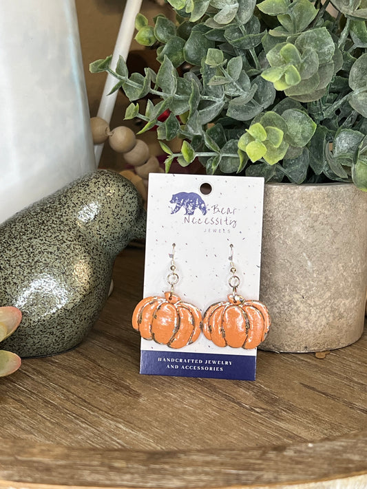 Large Silver Embossed Orange Pumpkin Earrings